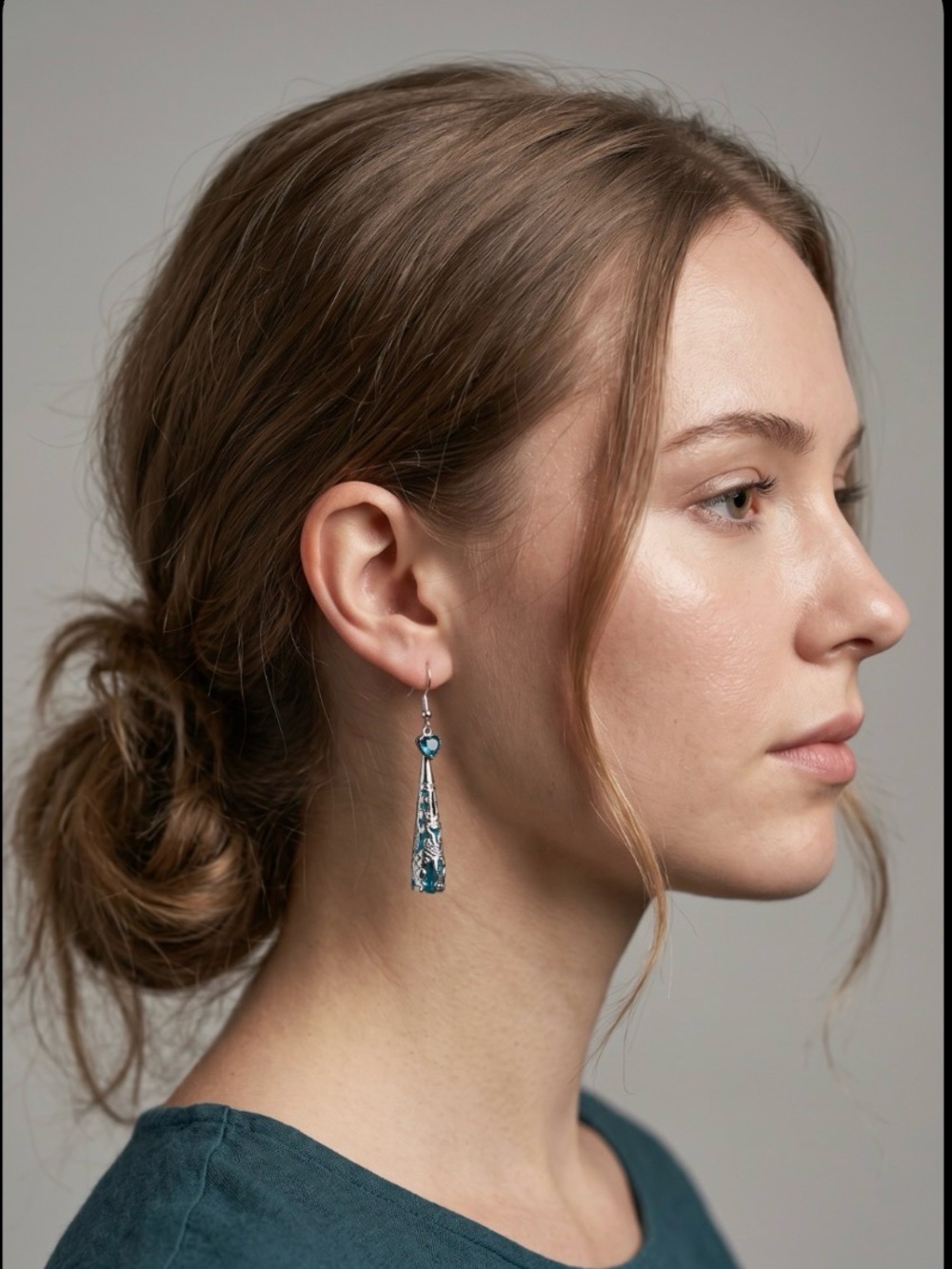 Victorian Filigree Earrings, with aqua Crystal in silver-tone filigree